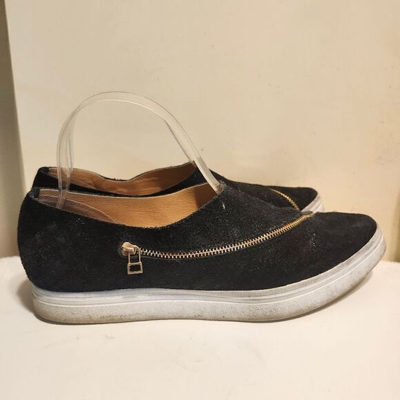 ALL BLACK For Anthropologie Black Sparkly Suede Slant Zipper Sneakers Sz.7 $144 - Picture 3 of 6